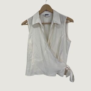 E.K. Designs Sleeveless Wrap Top Small Cream Side Tie Collared Minimalist Blouse
